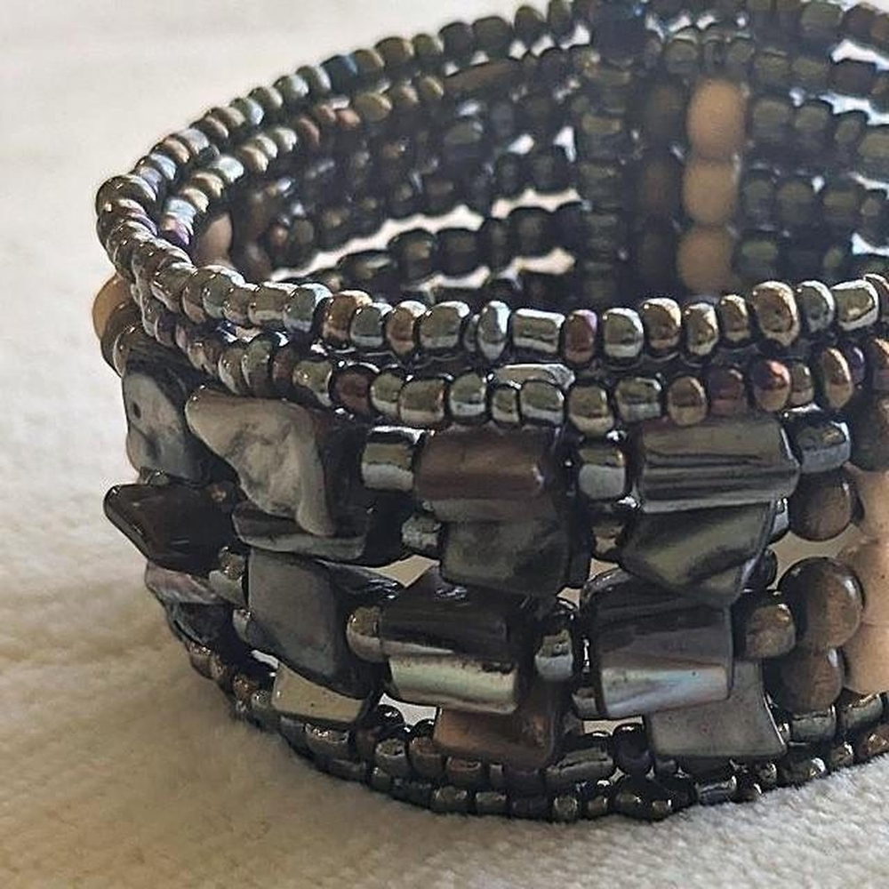 Beaded Multi-Row Stretch Bracelet in Iridescent Pewter